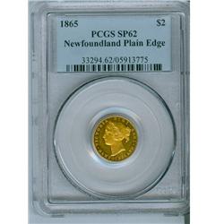 1865 Nfld $2 Gold PCGS SP62 Plain Edge.    Attactive Cameo f
