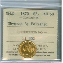 1870 Nfld $2 Gold Obv 3 ICCS AU50.  Designated as polished.