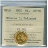 Image 1 : 1870 Nfld $2 Gold Obv 3 ICCS AU50.  Designated as polished.