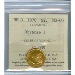 1870 Nfld $2 Gold 3 dots Gold ICCS MS60 Obv 1.  Attractive w
