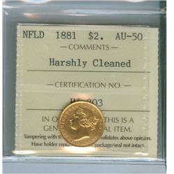 1881 Nfld $2 Gold ICCS AU50.  Designated Harshly Cleaned.