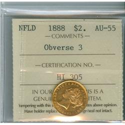 1888 Nfld $2 Gold Obv 3 ICCS AU55,