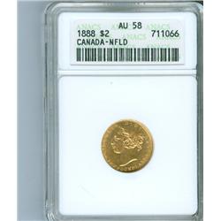 1888 Nfld $2 Gold ANACS AU58.  A fully lustrous and sharp ex