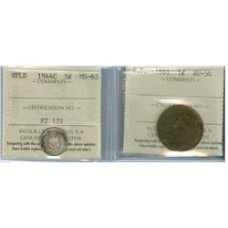 1861 N.B. 1¢ AU50 & 1944c Nfld 5¢ MS63.  Lot of 2 coins both