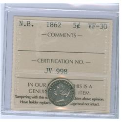 1862 N.B. 5¢ ICCS VF30.  Greyish finish.