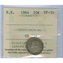 1864 N.B. 10¢ N.B. ICCS VF30. Lightly toned.