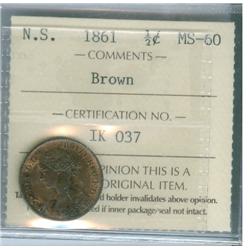 1861 N.S. ½¢ ICCS MS60BN.  A nice well struck issue.