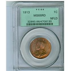 1913 Nfld 1¢ PCGS MS66RD.   Darker wine red finish with grea