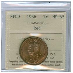 1936 Nfld  1¢ ICCS MS65 Red. 80% red luster. Superb fields w