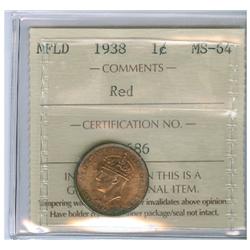 1938 Nfld 1¢ ICCS MS64RD. 90% red and lustrous.