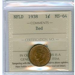 1938 Nfld  1¢ ICCS MS64 Red