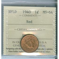 1940 Nfld 1¢ ICCS MS64 Red, a superb looking coin with frost