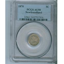 1870 Nfld  Obv.1  5¢ PCGS AU50, mostly brilliant.  Scarce in