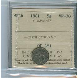 1881 Nfld 5¢ ICCS VF30.  Darkly toned.