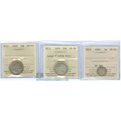 1890 Nfld 5¢ VF30, 1899 Lg 9's 20¢ VF30 and1900 20¢ EF40.  L