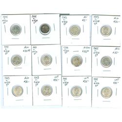 1938-1945c Nfld 5¢.  Lot of 12 coins AU to UNC.  Includes 19