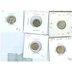 1940-1943c NFLD 5¢. Lot of 5 coins including, 1940, 1941c, 1