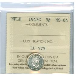 1947c Nfld 5¢ ICCS MS64, superb example. Fully brilliant and