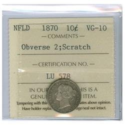 1870 Nfld Obv.2 10¢ ICCS VG10, lt. Scrt. Lightly toned.