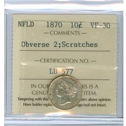 1870 Nfld Obv.2 10¢ ICCS VF30, lt. Scrts. Brilliant. Scarce 