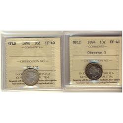 1894 Obv 3 & 1896 Nfld 10¢.  Lot of two coins both ICCS EF40