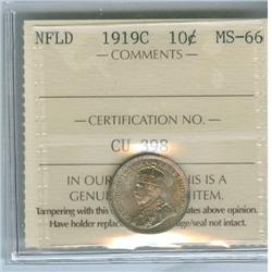 1919 Nfld 10¢ ICCS MS66, superb example. Superbly toned with