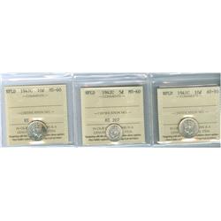 1941c Nfld 10¢ AU50, 1942c 5¢ & 1947c MS60 10¢.  Lot of 3 Nfld coins all ICCS graded.