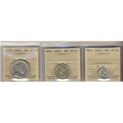 1941c 10¢ ICCS AU58, 1917c 25¢ ICCS EF45 and 1904H ICCS EF40