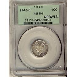 1946c Nfld 10¢ PCGS MS64.  Lustrous with scattered tone in o
