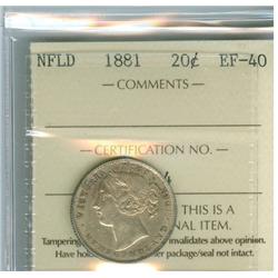 1881 Nfld 20¢ ICCS EF40, lightly toned. A scarce date.