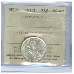1917c Nfld 25¢ ICCS MS64.  Blast white and well struck examp