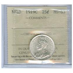 1919c Nfld 25¢ ICCS MS63.  Full white and lustrous. 