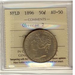 1896 Nfld 50¢ Obv. 2 ICCS AU50.  Light lustre with yellow ti