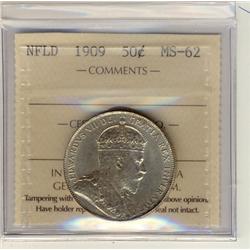 1909 Nfld 50¢ ICCS MS62.  An attractive and lustrous coin.