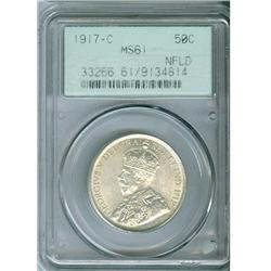 1917c Nfld 50¢ PCGS MS61.  Light golden tint with lots of lu