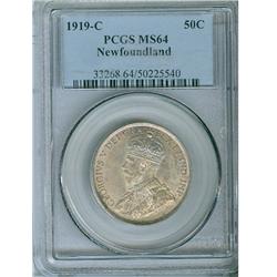 1919C Nfld 50¢  PCGS MS64PQ.  Light russet tone over full un