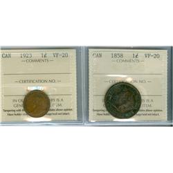 1858 and 1923.  Lot of 2 ICCS graded 1¢ coins, both VF20. 