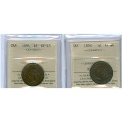 1858 EF40 & 1894 EF45 1¢. Lot of two coins both ICCS graded.