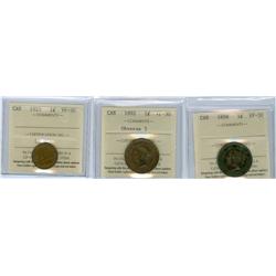 1858, 1892 Obv.3 and 1923  Lot of 3 ICCS graded 1¢ coins, al