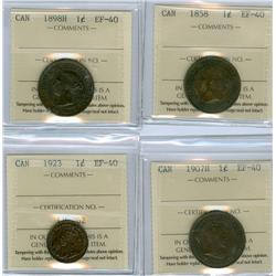 1858, 1898H, 1907H and 1923.  Lot of 4 ICCS graded 1¢ coins,