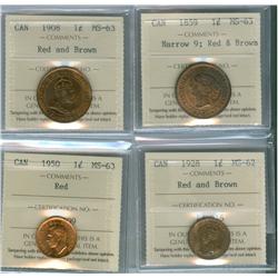 1859-1950 1¢. Lot of 4 coins including 1859 Nar 9 MS63RB, 19