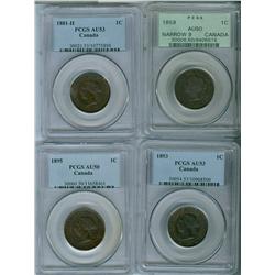 1859 1¢ Nar 9 AU50, 1881H AU53, 1893 AU53 & 1895 AU50.  Lot 