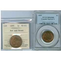 1859 1¢ Nar 9 PCGS MS63RB and 1899 1¢ ICCS MS63RB. Lot of tw
