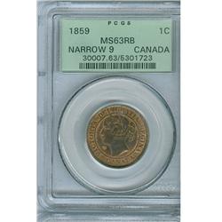 1859 1¢ Nar 9 PCGS MS63RB.  Well struck issue.