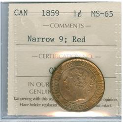 1859 1¢ Nar 9 ICCS MS65RD.   Difficult example to find in th