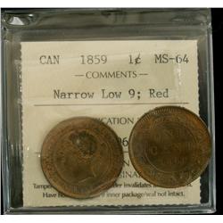 1859 Low 9 1¢ ICCS MS64 Red, designated as Narrow Low 9.