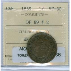 1859 1¢ DPN9#2 ICCS VF30, a nice chocolate brown example