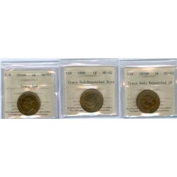 1876H, 1888 & 1898H 1¢.  Lot of three ICCS MS62 coins.  All 