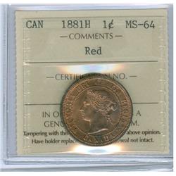 1881H 1¢ ICCS MS64 Red, attractive and fully lustrous 90% re