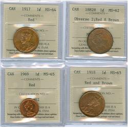 1882H 1¢ Obv2 MS62RB, 1917 MS64RD, 1918 MS63RB and 1969 MS65